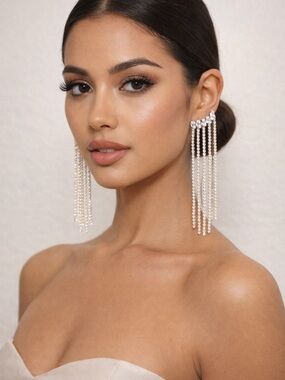 Draped Crystal Fringe Statement Earrings - Silver